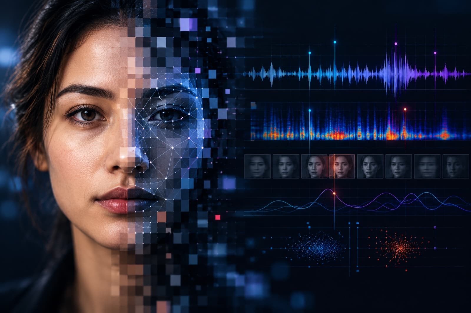 A face split between a real photo and a digital mesh, with audio and video analysis signals